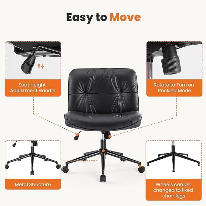 Sweetcrispy Armless-Office Desk Chair with Wheels, Cross Legged Wide Chair, PU Leather Comfortable Adjustable Swivel Computer Task Chairs for Home,Office,Make Up,Small Space,Bed Room Black