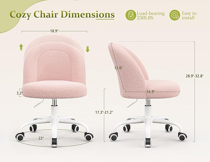 Vanity Chair with Wheels, Cute Desk Chair with Back, Armless Office Chair Height Adjustable, Soft Lumbar Support for Small Space, Bedroom, Gentle Pink