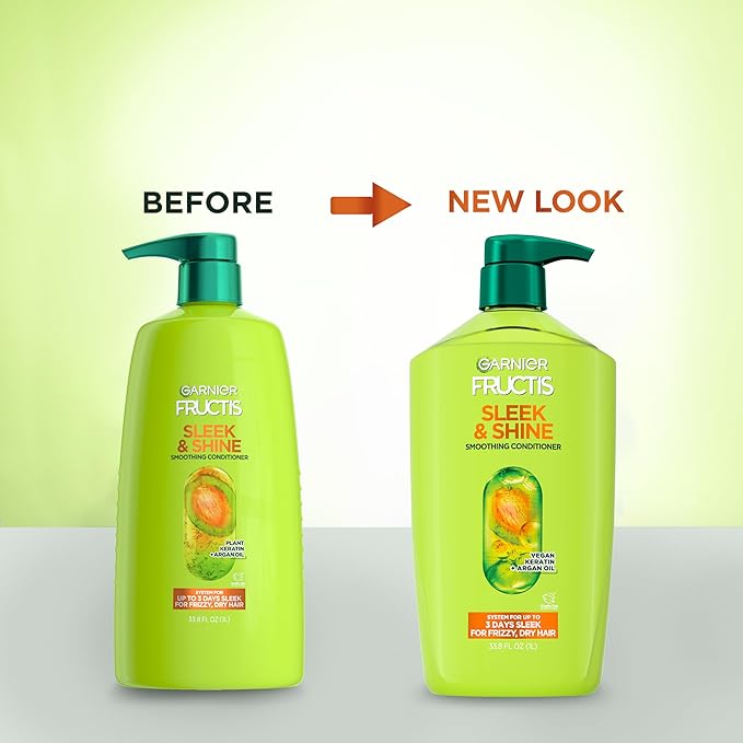 Garnier Fructis Sleek & Shine Conditioner, Smoothing Conditioner for Frizzy, Dry Hair with Argan Oil and Vegan Keratin, 33.8 Fl Oz (Packaging May Vary)
