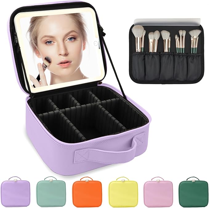 Makeup Bag with Led Mirror,Large Vanity Makeup Cases with 3 Color Setting,Portable Storage and Adjustable Dividers,for Women and Makeup Artists Cosmetic Organizer Travel Makeup Bag-Purple