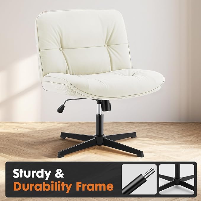 Sweetcrispy Criss Cross Chair, Wide Seat PU Leather Armless Office Desk Vanity Chair, Comfortable Adjustable Swivel Computer Task Chairs for Bedroom, Small Space Make Up, Light Beige