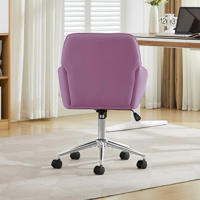 Velvet Home Office Desk Chair, Modern Cute Computer Task Chair with Back, Height Adjustable Upholstered Vanity Chair with Swivel Wheels for Women, Girls (Silver Base, Light Purple