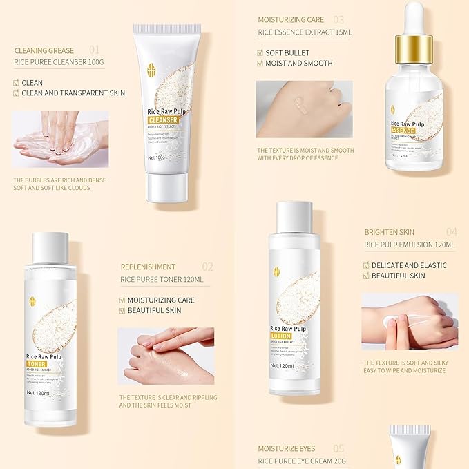 6PCS Rice Skin Care Sets, Moisturizing Face Skin Care Gift Set for Women Girls, Face Care Kit Inclusde Cleanser, Toner, Eyecream, Essence, Emultion, Face Cream (NEW-Rice)