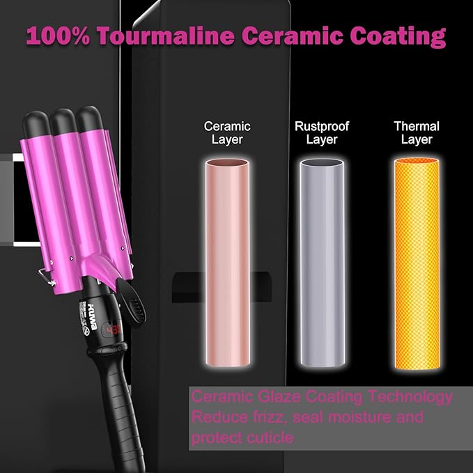 kuwa Crimper Hair Tool,15 Variable Temperature Waver Curling Iron,Three Barrel Curling Iron,Waver Hair Tool,Haircrimper for Women,HairWaver with LCD Temperature Display