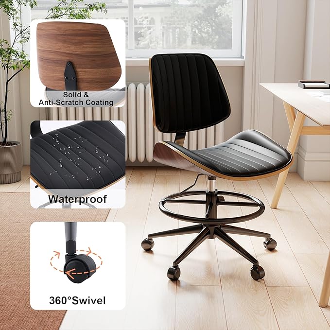 Drafting Chair, Ergonomic Office Chair with Walnut Wood Back Support, Armless PU Leather Desk Chair with Height-Adjustable, Thick Cushion for Home, Bar, Drafting, Office (Black)