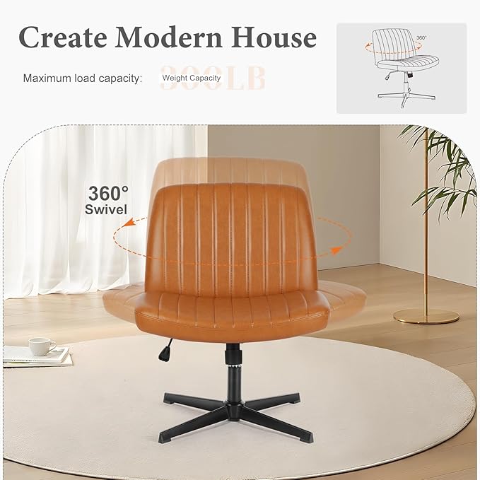 Sweetcrispy Criss Cross Chair Legged, Armless Office Wide Desk Chair No Wheels, PU Leather Swivel Vanity Height Adjustable Fabric Modern Computer Task Seating for Home - Brown