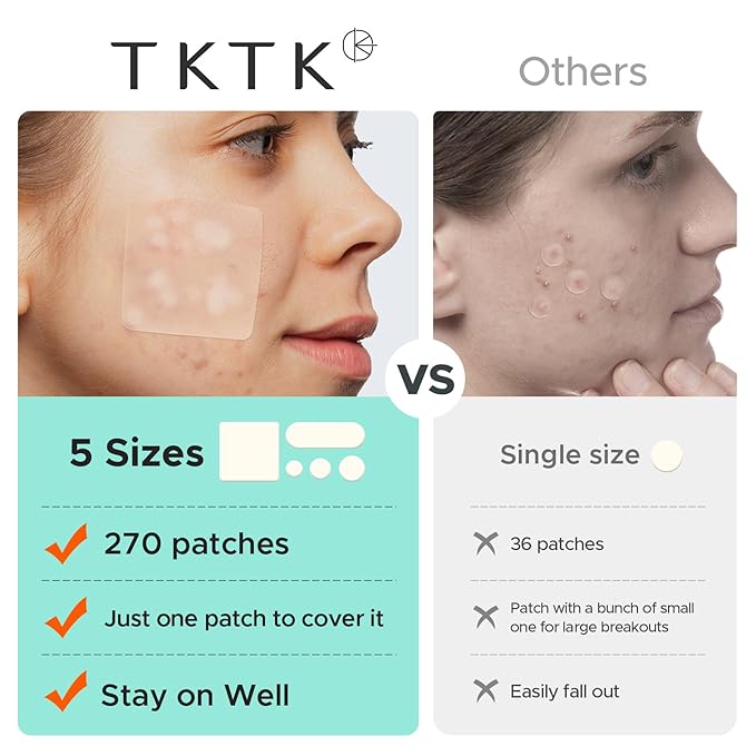 TKTK Hydrocolloid Bandages, 45 x 45 mm Large Pimple Patches for Face, XL Acne Patches for Body, Back, Forehead, Cheek Zit Breakouts, Big Hydrocolloid Patch (Square, Strip, Dot 5 Sizes 270 Count)