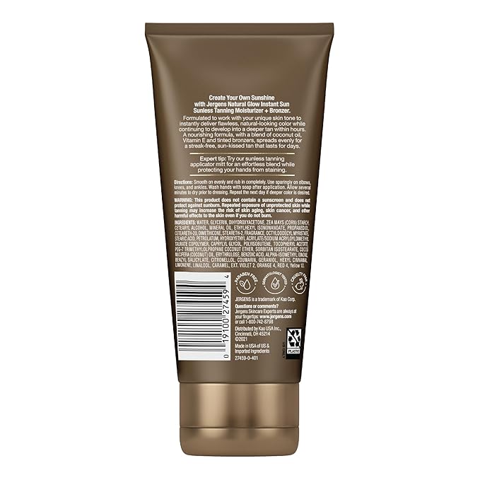 Jergens Natural Glow Instant Sun Tanning Moisturizer + Bronzer, Lightweight Sunless Tanning for Natural-Looking Color, Deep Bronze, 6 Oz