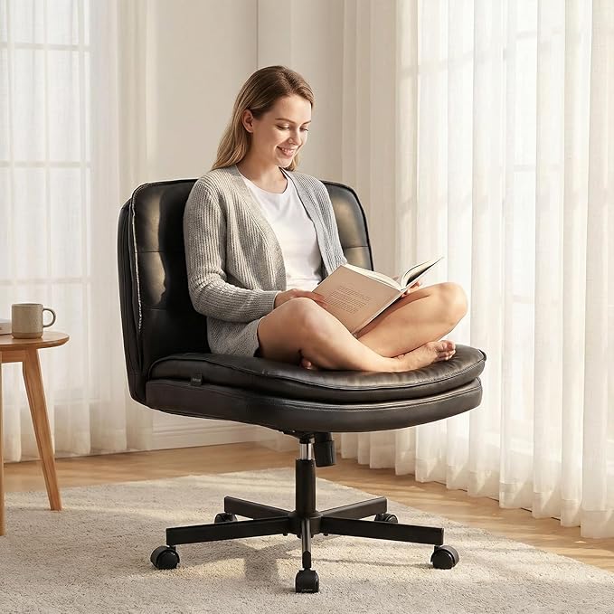 GTPLAYER Cross Legged Office Chair, Armless Desk Chair Cute Vanity Chair with Wheels Computer Chair Comfy Wide Office Chair Adjustable Swivel for Home Computer Task, Pu Light Black
