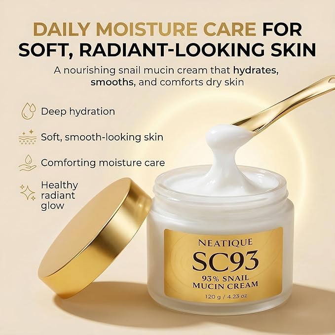 Snail Mucin Cream 93% for Skin Care, Intense Hydration & Dryness, Snail Mucin Moisturizer 120g, Natural Snail Secretion Filtrate & Non-GMO, Fast Absorbing & Non-Sticky, 4.23oz
