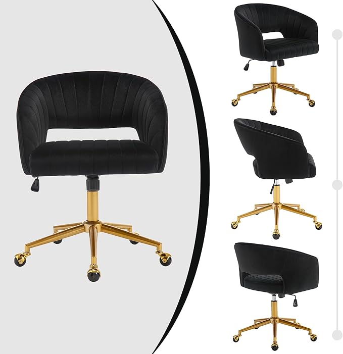 Westice Home Office Desk Chairs, Modern Velvet Rolling Chair, Height Adjustable Swivel Vanity Chair with Golden Base, Ergonomic Chair for Study, Living Bedroom Computer Room, Black