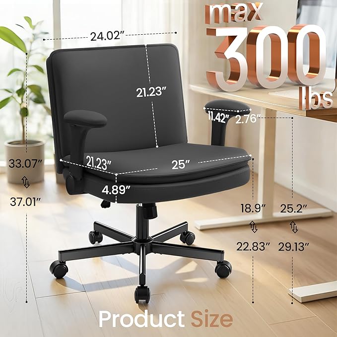 Criss Cross Office Chair with Wheels - PU Leather Wide Criss Cross Desk Chair with Flip-up Arms and Thick Cushion - Comfy Tilting Swivel Rolling Vanity Chair for Home Office Bedroom Apartment