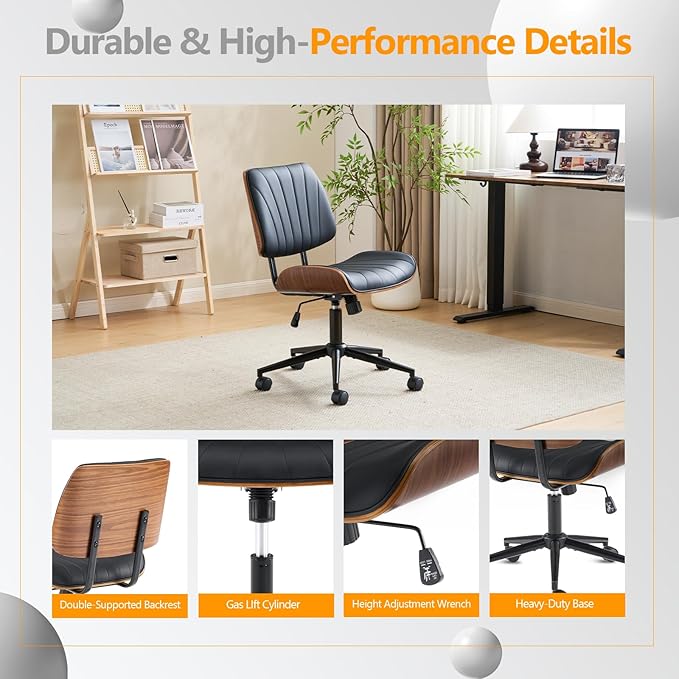VINGLI Wide Curved Seat&Back Armless Home Office Chair,Ergoromic Adjustable-Height Desk Chair,Swivel&Tilting Function,Stylish Walnut Task Chair for Meeing Room,Dining Room,PU, Black
