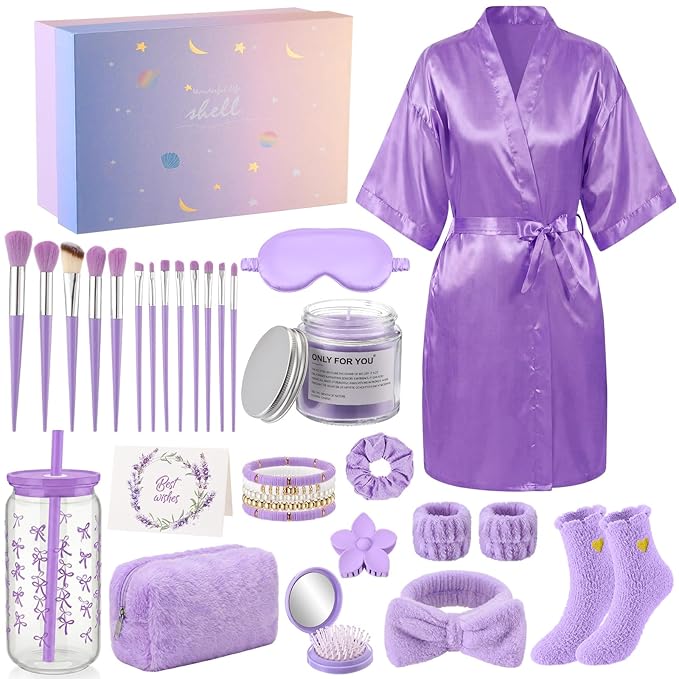15 Pcs Birthday Gifts for Women Robe Sets for Women Spa Basket Set Graduation Gifts Bath Robe Make up Brushes Scented Candle Fluffy Socks Coffee Cup for Mom Nurse Girlfriend Wife(Purple)