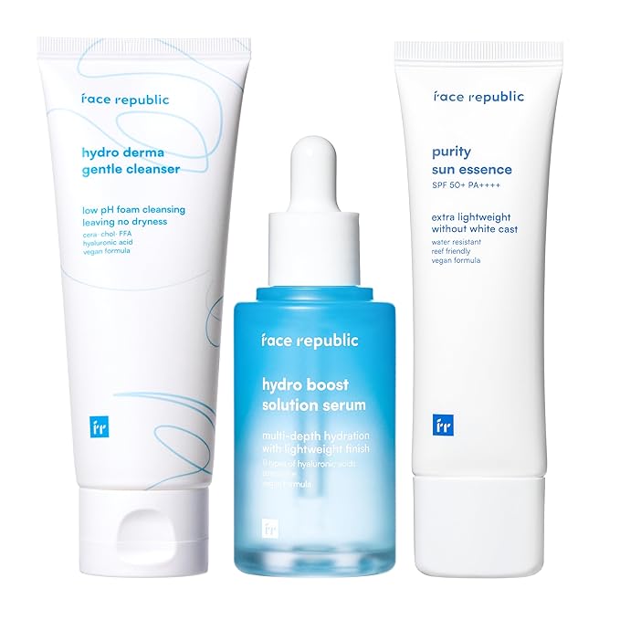 Face Republic Morning Hydration for Dry, Sensitive Skin - Hydro Derma Gentle Cleanser + Hydro Boost Solution Serum + Purity Sun Essence