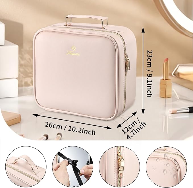 Travel Makeup Bag with LED Mirror 3 Color Modes,10.2-in Pink Vegan Leather Makeup Organizer Bag with Adjustable EVA Dividers and Independent Brush Panel