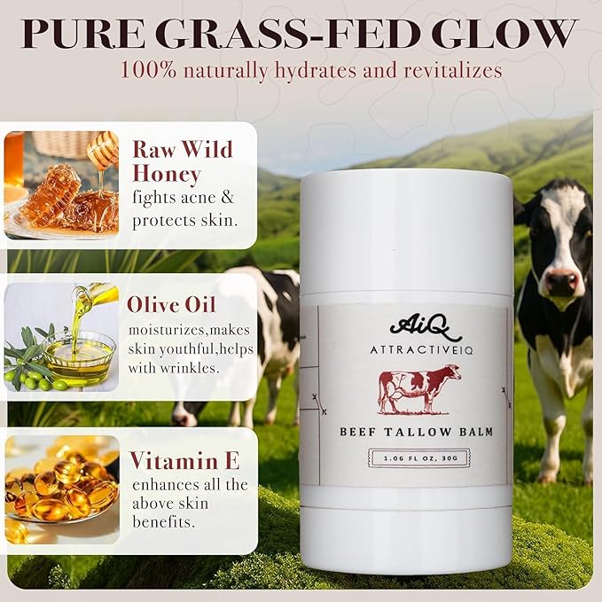 Beef Tallow for Skin – Grass-Fed Tallow Balm Stick Moisturizer with Raw Honey, Vitamin E & Olive Oil – Natural Face & Body Moisturizer for Dry, Sensitive Skin (1.06 oz)