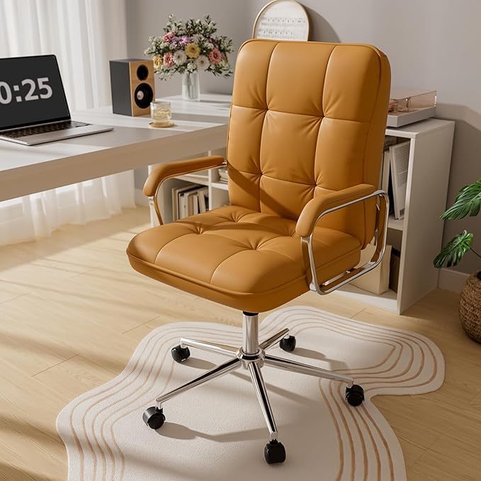 Brown Leather Office Desk Chair, Swivel Computer Home Office Desk Chair with Wheels and Padded Arms, Adjustable Height and Tilt