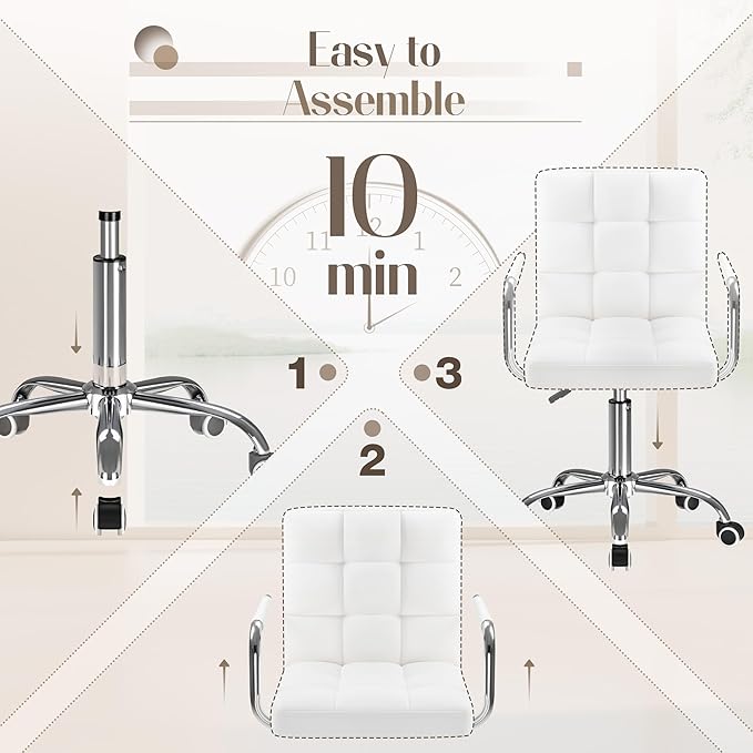 Furmax Vanity Office Chair with Wheels, Makeup PU Leather Executive Chair Modern Adjustable Home Desk Retro Comfortable Work Chair 360 Degree Swivel with Arms (White)