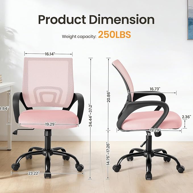 NEWBULIG Computer Desk Office Chair, Ergonomic Mid-Back Swivel Rolling Chair with Breathable Backrest and Lumbar Support Wheels, Pink Chair for Desk Home Height Adjustable, 1Pack
