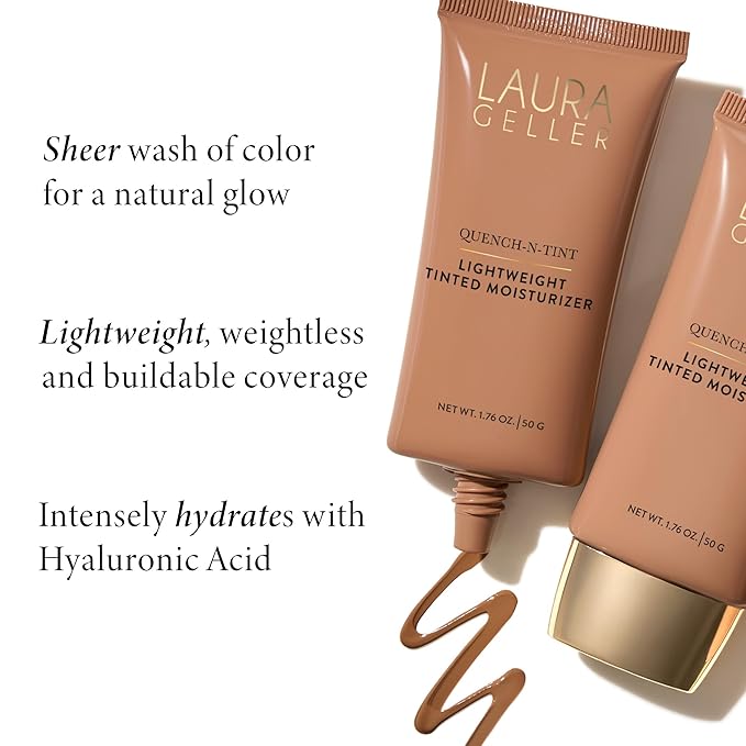 LAURA GELLER NEW YORK Quench-n-Tint Tinted Moisturizer - Sheer to Light Buildable Coverage - Natural Glow Finish - Lightweight Formula with Hyaluronic Acid, 06 Deep