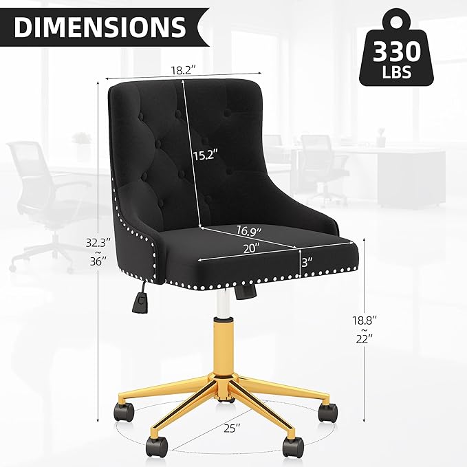 Westice Velvet Desk Chairs, Upholstered Swivel Comfy Makeup Vanity Chair with Tufted Back, Gold Metal Base & Wheels, Height Adjustable Chair for Girls, Bedroom Living Room, Black