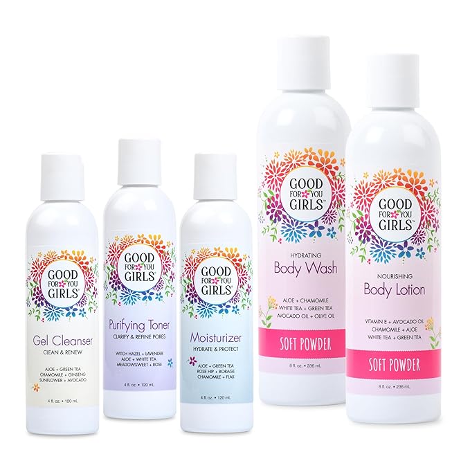 Good For You Girls GIFT SET for Face & Body – Contains: Gel Cleanser, Purifying Toner, Moisturizer, Body Wash Soft Powder Scent, Body Lotion Soft Powder Scent, Made in the USA | GIFT SET 5 Pieces