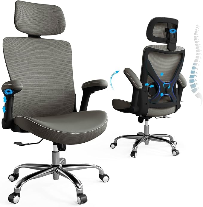 Office Home Ergonomic Desk Chair-Computer X-Shaped Chair Mesh PU Leather with Adjustable Lumbar Support-Executive Chair High Back Flip-Up Arms for Long Hours (Dark Green)