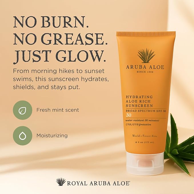 Aruba Aloe Hydrating Aloe Rich Sunscreen SPF 30 - Broad-Spectrum UVA/UVB Sunblock Lotion - Lightweight, Water-Resistant, Non-Greasy Sun Protection for Face and Body - 6 oz