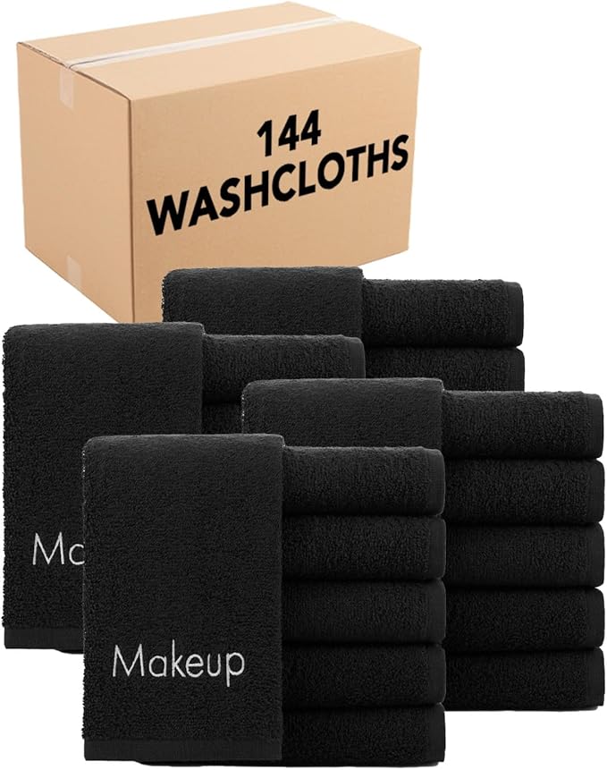Arkwright Makeup Remover Fingertip Towels Bulk - 100% Cotton Face Towels, Soft Reusable Washcloths, Gentle Facial Cleansing for Waterproof Makeup, 11 x 17, Black (Case of 144)