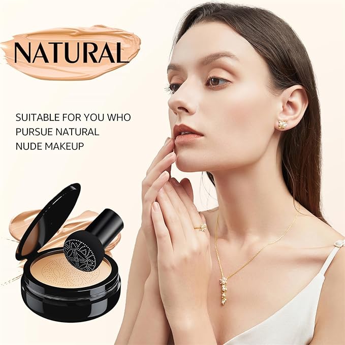 Mushroom Head Air Cushion CC Cream - Tattoo Cover up Makeup Waterproof for Mature Skin Moisturizing Concealer Brighten Long-Lasting, Gold Packaging (Natural, 3.21 Ounce (Pack of 1))