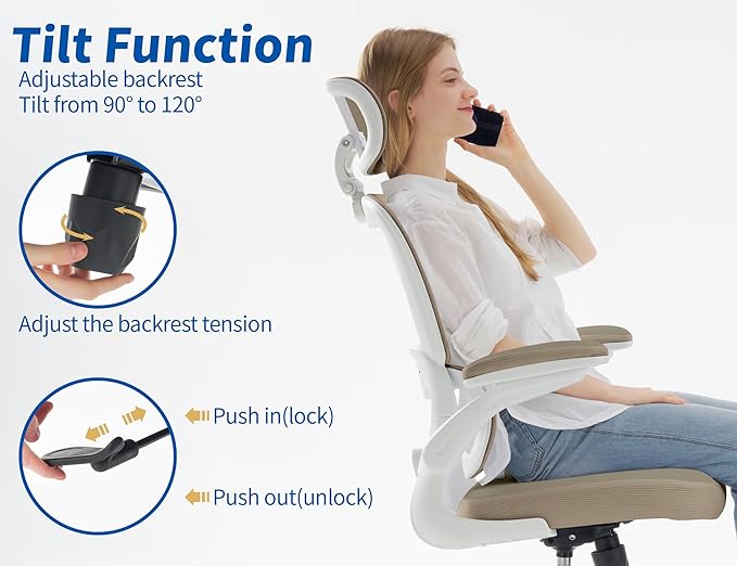 TRALT Ergonomic Office Chair - Desk Chair with Adjustable Headrest Lumbar Support Computer Chair - Mesh Comfy Chair with Flip-up Armrests - Gaming Chairs for Adults Home Office (PU Leather,Khaki)