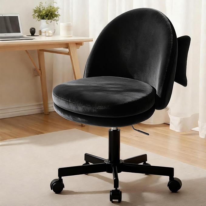 GTPLAYER Velvet Tall Office Chair with Wheels Vanity Chairs with Back, Versatile Height Use: Office to Bar Stools Small Ergonomic Comfy Armlees Computer Desk Chair with Bow Lumbar Pillow for Gift