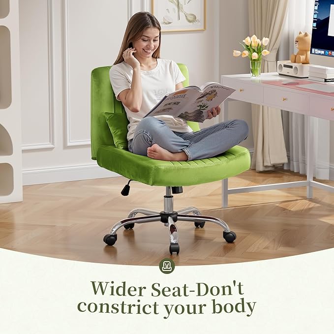 Warmiehomy Velvet Cross Legged Office Chair, Comfy Desk Chair for Home Office, Criss Cross Chair with Wheels, Height Adjustable Vanity Chair, Swivel Wide Seat Computer Chair Gift, Light Green