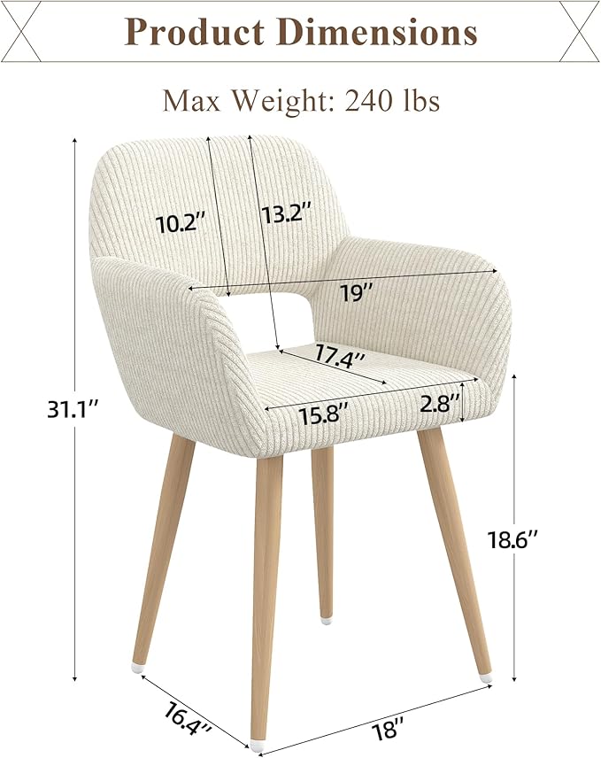 Home Office Desk Chair Set of 1, Corduroy Fabric Vanity Chair for Makeup with Hollow Backrest, Comfy Armchair Wood Frame with Strudy Metal Legs, Beige