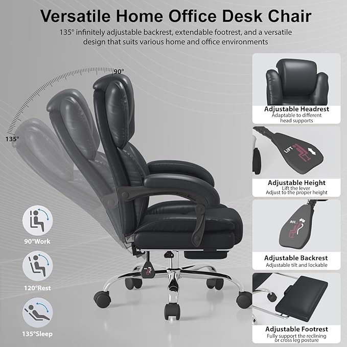 Big and Tall Office Chair, Executive Home Office Desk Chair, Leather Computer Chair with Retractable Footrest, Adjustable Headrest and Reclining Height, Padded Arms, 360°Swivel Free, Wide Seat, Black