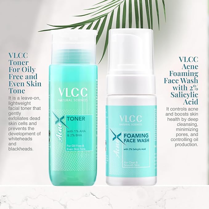 VLCC AcneX Face Wash Plus Toner - Foaming Facial Cleanser with Salicylic Acid - Face Toner with Tea Tree and Witch Hazel - Skincare Set - 2 pc