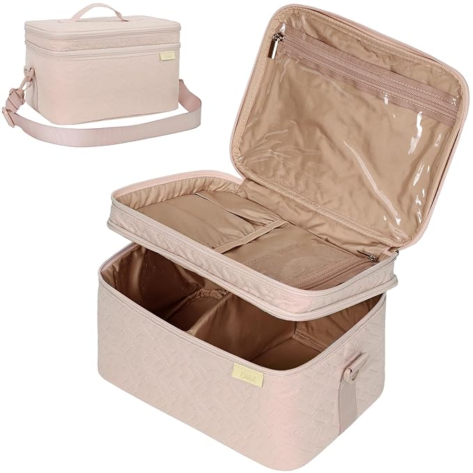 NISHEL Extra Large Double Layer Travel Makeup Bag Women, Cosmetic Organizer Case, Essentials Accessories with Shoulder Strap for Bottles, Brushes, Conditioner, Skin Care Products, Pink