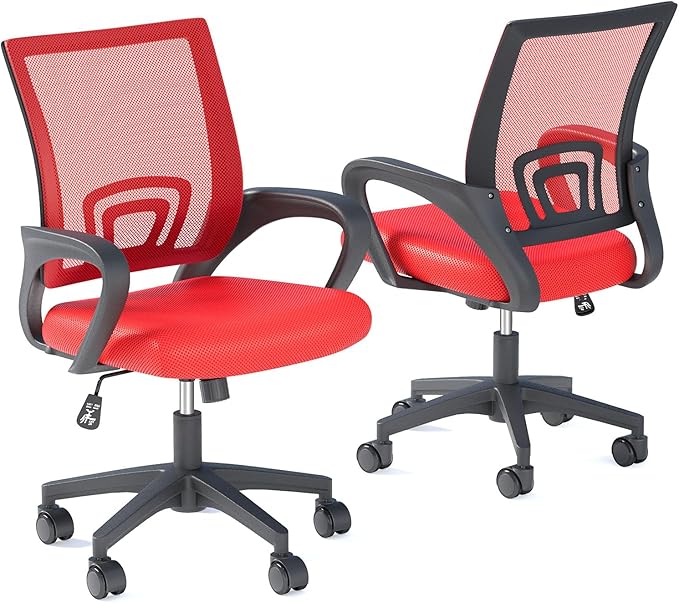 Home Office Chairs, Ergonomic Mid-Back Mesh Desk Chairs with Lumbar Support, Adjustable Swivel Rolling Design, Comfy Armrest for Work, Study, Gaming, Vanity, Red, 2 Pack