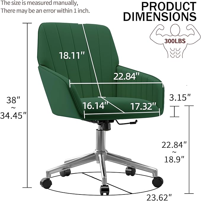 YISHENG Velvet Office Desk Chair with Silver Base, with Wheels,Modern Height Adjustable 360 Degree Swivel Upholstered Vanity Chairs with Arms for Living Room Bedroom,Green