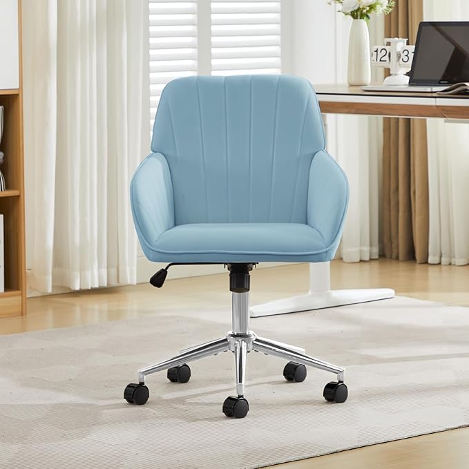Velvet Home Office Desk Chair, Modern Cute Computer Task Chair with Back, Height Adjustable Upholstered Vanity Chair with Swivel Wheels for Women, Girls (Silver Base, Light Blue