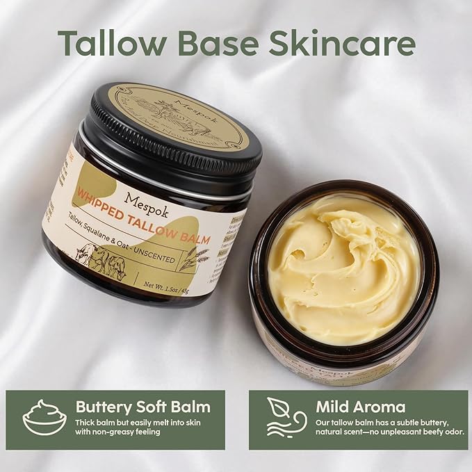 Beef Tallow for Skin - Grass-Fed Tallow Balm with Organic Squalane & Oat Extract | Whipped Face & Body Moisturizer for Extremely Dry Skin, Non-Greasy, Additive-Free, Unscented (1.5oz)