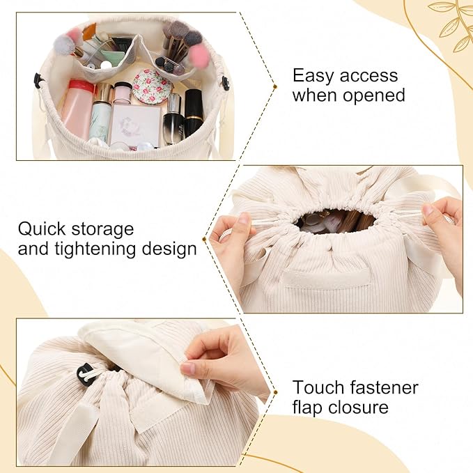 makeup bag lay flat Lay Flat Barrel Drawstring Corduroy Makeup Bag for Women Portable Open-flat Large Capacity Travel Cosmetic Organizer, Skincare & Brush Storage(Creamy White)