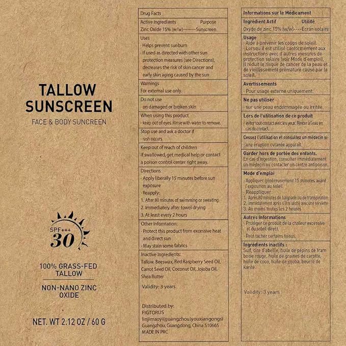 Beef Tallow Mineral Sunscreen SPF with Zinc Oxide – Natural Face & Body Sunblock, Non-Greasy Daily Sun Protection, Travel Size 2 oz