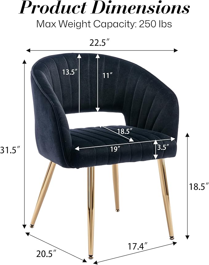 Modern Velvet Vanity Chair, Home Office Desk Chair with Hollow Back, Upholstered Dining Chair with Gold Metal Legs, Comfy Accent Armchair for Living Room Bedroom, Black