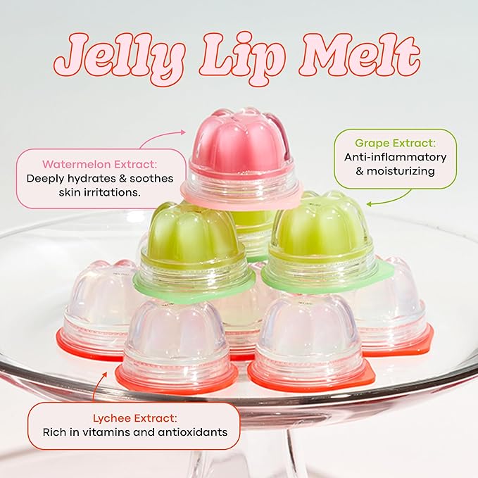 Jelly Lip Melt Rainbow Set – Hydrating Lip Oil Gloss Bundle with Fruit Extracts, Sheer & Tinted Shades, Ultra-Glossy, Nourishing Lip Treatment, 7 Count (9g Each)