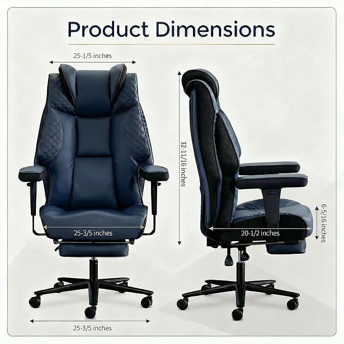 Big and Tall Office Chair 500lbs - 23.6" Extra Wide Seat Ergonomic Executive Chair, Heavy Duty Metal Base High Back Leather Office Chair with Footrest, Lumbar Support & Adjustable Arm, Blue