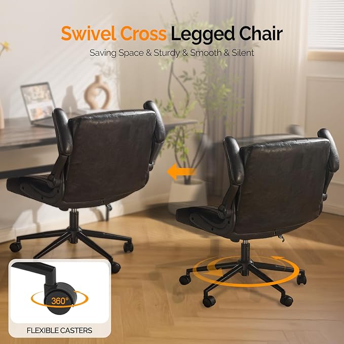 VINGLI Criss Cross Chair with Adjustable Flip-Up Arms,Cross Legged Chair with Wheels, Extra Wide Office Chair,Comfortable Desk Chair for Home Office, Vanity, Bedroom, PU Leather,Black