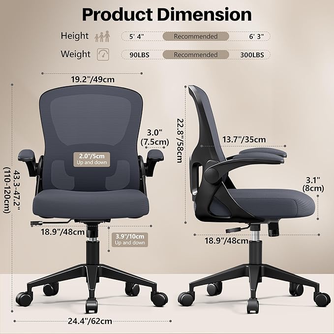 Office Chair Ergonomic Desk Chair, Adjustable Lumbar Support Rolling Swivel Comfy Chair with Space-Saving Flip Up Armrests, Mesh Gaming Chair for Business Work Office & Home, Dark Gray