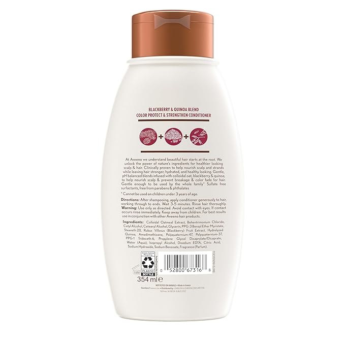 Aveeno Blackberry & Quinoa Strengthening Conditioner for Color-Treated Hair, Moisturizing, Color-Protecting, 12 fl oz